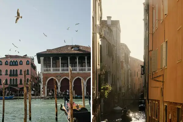 Venetian canal views with historic architecture and gondolas, birds flying in a bright sky, scenic alleys and water reflections