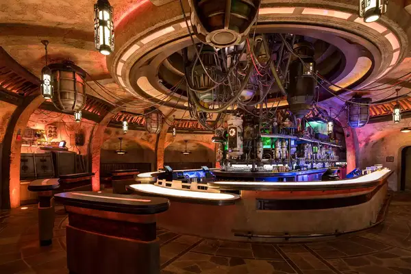View of the bar at Ogas Cantina at Star Wars: Galaxys Edge at Disneyland Park in California