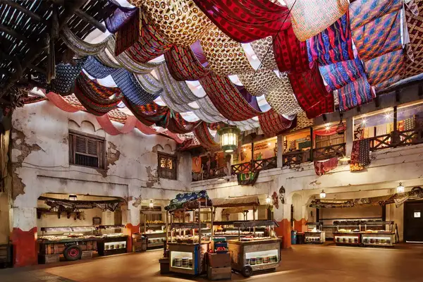 Interior of tusker house with fabric on the ceiling and buffet style dining
