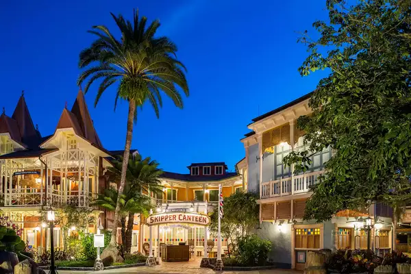 Entrance to Skipper Canteen lit up at night.