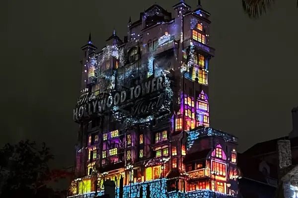 A decorated Tower of Terror for Disney Jollywood Nights