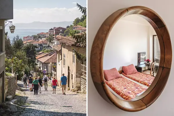Pair of photos, one showing a stone path in a town, and one showing a mirror reflecting a hotel guest room