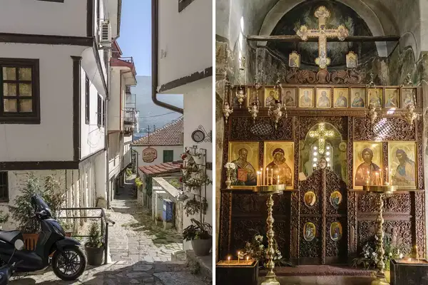 Pair of photos from Ohrid, one showing a streetcorner and one showing the interior of a church