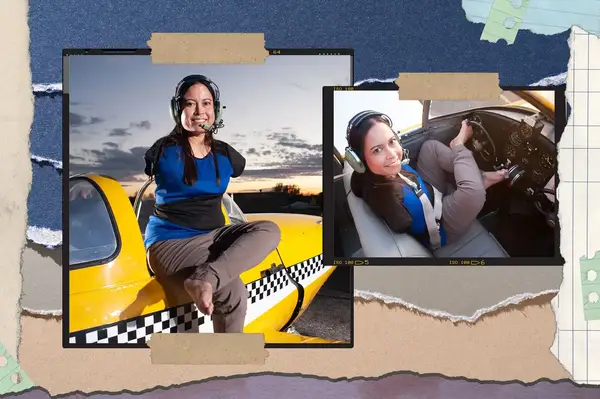 Jessica Cox by a plane and in the cockpit, showing her piloting skills