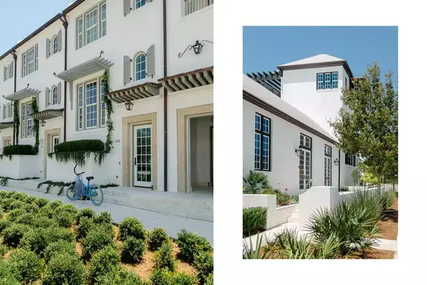Left: Photo of white building and green plants with a blue bike laying against the building, Right: Photo of white building