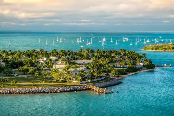 Panoramic sunrise landscape view of the small Islands Sunset Key and Wisteria Island of the Island of Key West, Florida Keys.