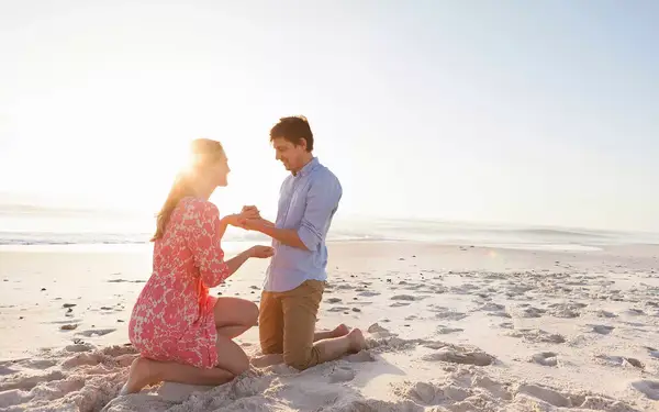 Man proposing to woman on beach