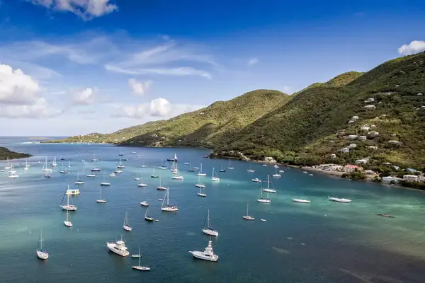 Aerial view of a bay with numerous sailboats and nearby green hills, surrounded by water