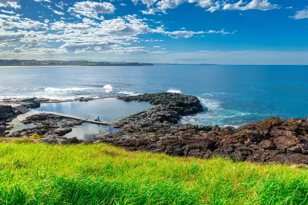 Coastal rock pool and ocean landscape with grassy shore