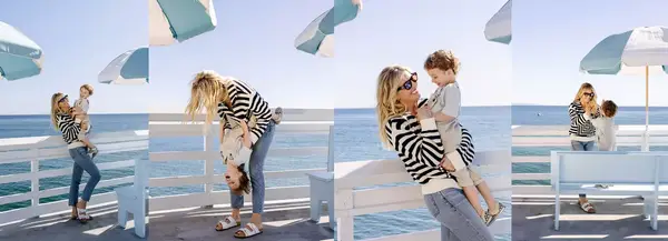 Amanda Kloots and her son, Elvis share moments on Malibu Pier in Malibu, California on a sunny day. 