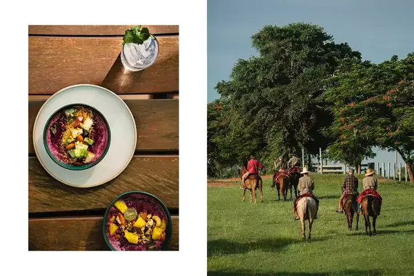 A pair of photos one showing acai bowls and the other horseback riding in Brazil.