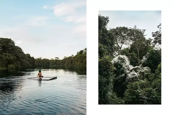 A pair of photos one showing a swimmer in a river in Brazil and the other spider webs in a tree.