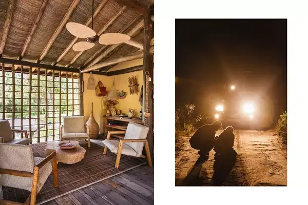 A pair of photos one showing a hotel lounge and the other people tracking wildlife at night.