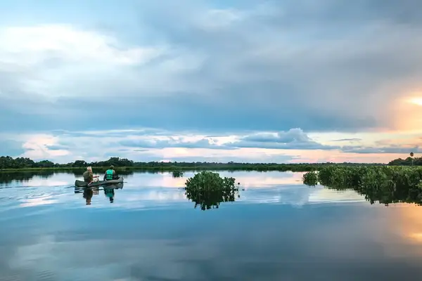 People canoeing on a river in Brazil. 