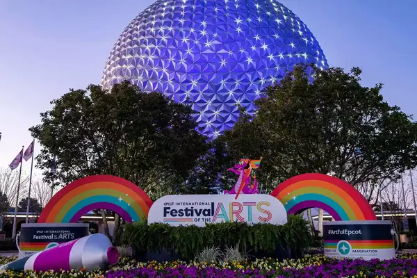 The Epcot ball with signs for the Arts Festival