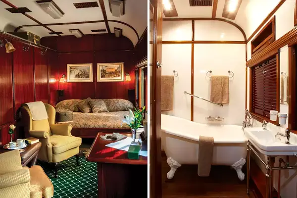 Interior of the Royal room and bathroom on board the Rovos Rail in Africa 