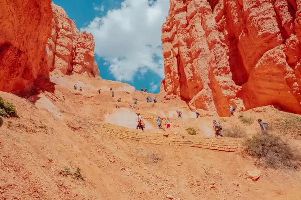 Visitors walking through Bryce Canyon with red rock formations surrounding the area a scenic hiking destination in a mountainous region