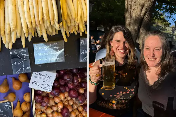Vegetables at a market stall and two women at an outdoor beer garden enjoying drinks