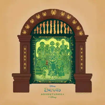 An illustration of the family from Encanto standing in the doorway 