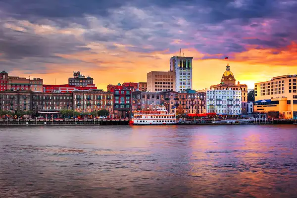Savannah skyline at dusk as seen over the waters of the Savannah River