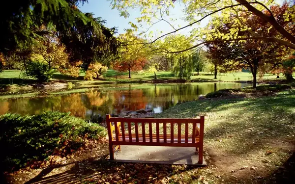 A wooden bench sits in the foreground at the edge of Rutgers