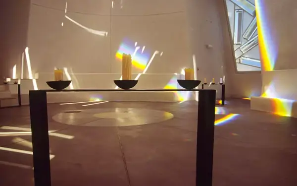 Rainbows bounce off the white walls of the chapel-like Dwan Light Sanctuary in New Mexico.