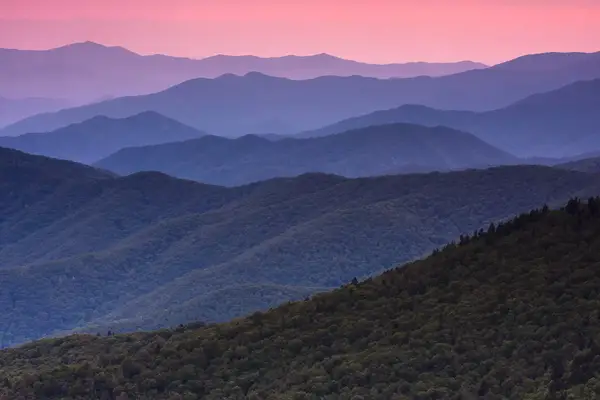 The Great Smoky Mountains in Tennessee at dusk.