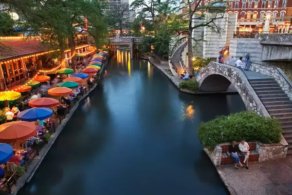 San Antonio River and River Walk at dusk