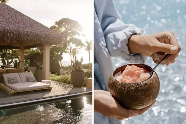 Pair of photos from Kona Village, one showing a pool villa, and one showing shaved ice