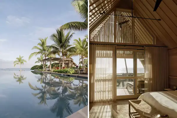 Pair of photos from the Kona Village resort, one showing a pool, and one showing a villa interior