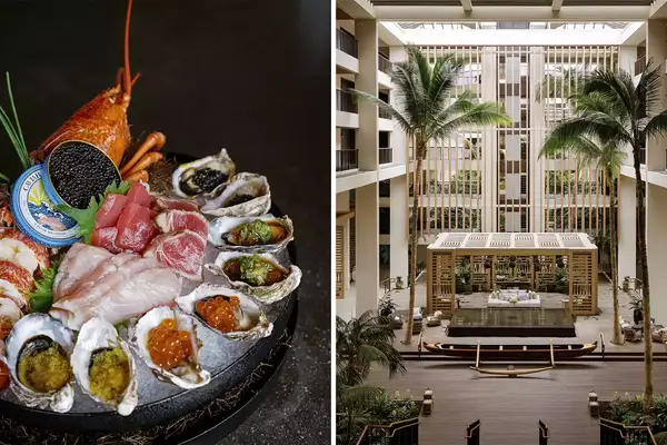 Pair of photos from Mauna Lani resort, one showing a seafood platter, and one showing a hotel atrium