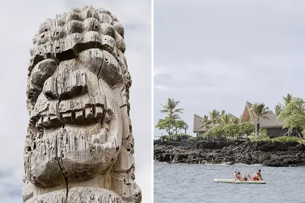 Pair of photos from Kona Village, one showing a traditional carving, and one showing a floating dock