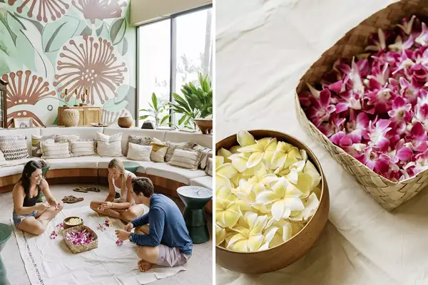 Pair of photos from Mauna Lani resort, one showing a lei-making class, and one showing flowers