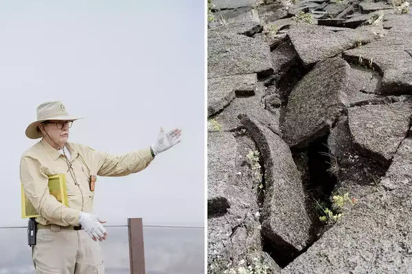 Pair of photos from Hawaii Volcanoes National Park, one showing a guide, and one showing cracked rock