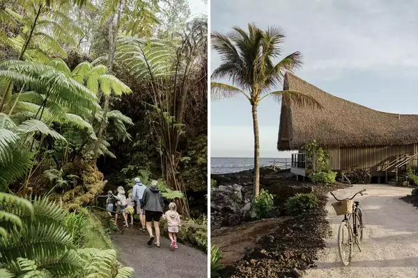 Pair of photos from Hawaii, one showing a family walking on a path, and one showing a resort cottage and a bike