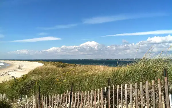 View of the ocean, beach, and dunes at Watch Hill, Rhode Island