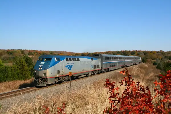 Amtrak train traveling on tracks surrounded by fields and trees