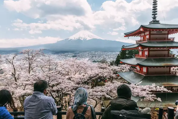 A group of people observing a scenic view of Mount Fuji with cherry blossoms and a pagoda in the foreground