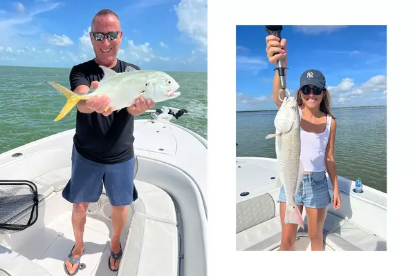 Father and daughter fish catches on boat excursion 
