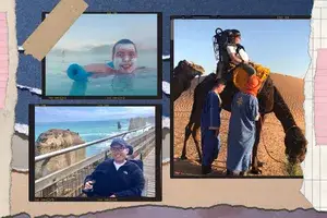 Cory Lee in the Blue Lagoon, Iceland; On a camel in Morocco; and at the Twelve Apostles in Australia
