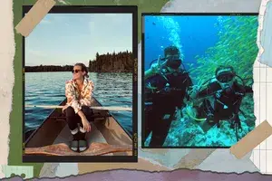 A woman on a canoe boat and scuba diving 