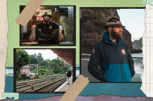 A collage showing a man in various scenes: sitting indoors, standing on a train platform, and on a coastal path