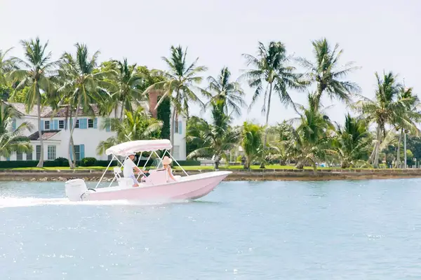 Retro pastel boats on the water in Palm Beach