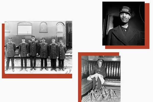 Three images showing Pullman Porters working in uniform, all Black Americans.