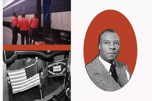 Three images. Top left: Color photograph of Black train porters in red uniforms. Bottom Left: Men holding US flag and Brotherhood of Sleeping Car Porters. Right: Portrait of A. Philip Randolph