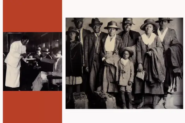 Two images. Left: A Black porter pours water for white passengers aboard train. Right: A large group of well-dressed Black Americans of all ages, ready to travel via train.