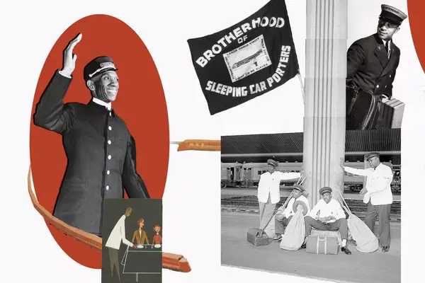 Photo collage showing Black American sleeping car porters throughout history with small illustrated trains and the union flag.