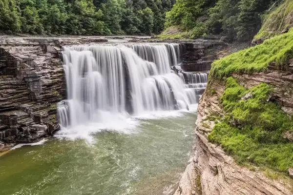 Whitewater splashes over the Lower Falls of the Genesee River in New York