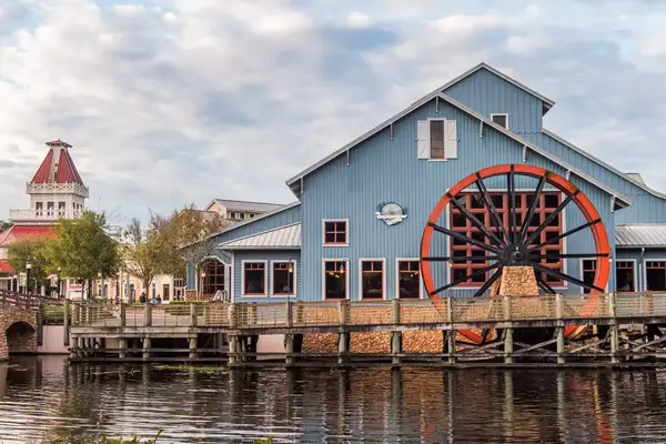 Exterior water wheel and building at Port Orleans