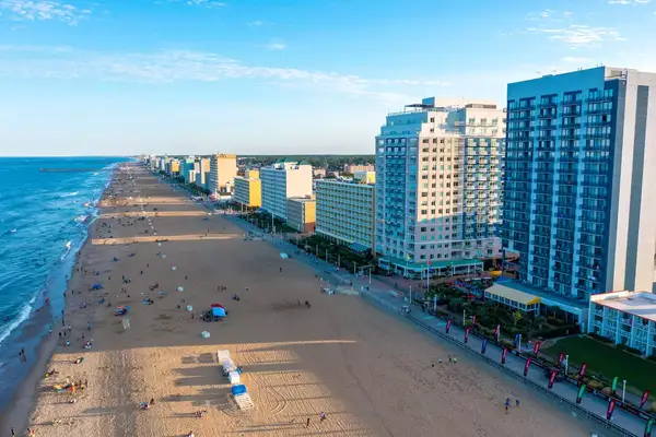 Aerial view of the Virginia Beach oceanfront looking south at sunset
